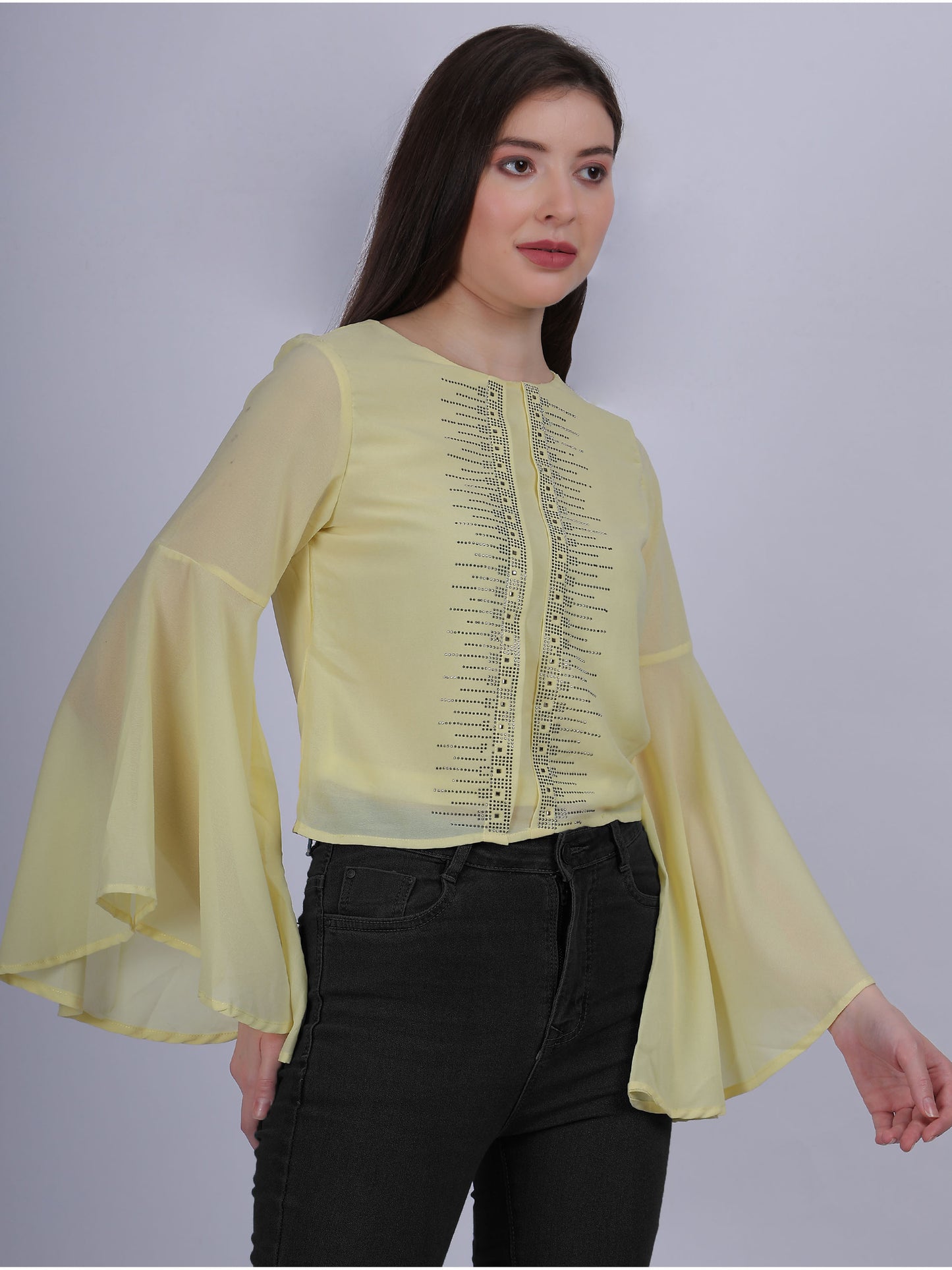 Yellow Solid Fashion Crop Top With Long Bell Sleeves & Stone Work Embellishment