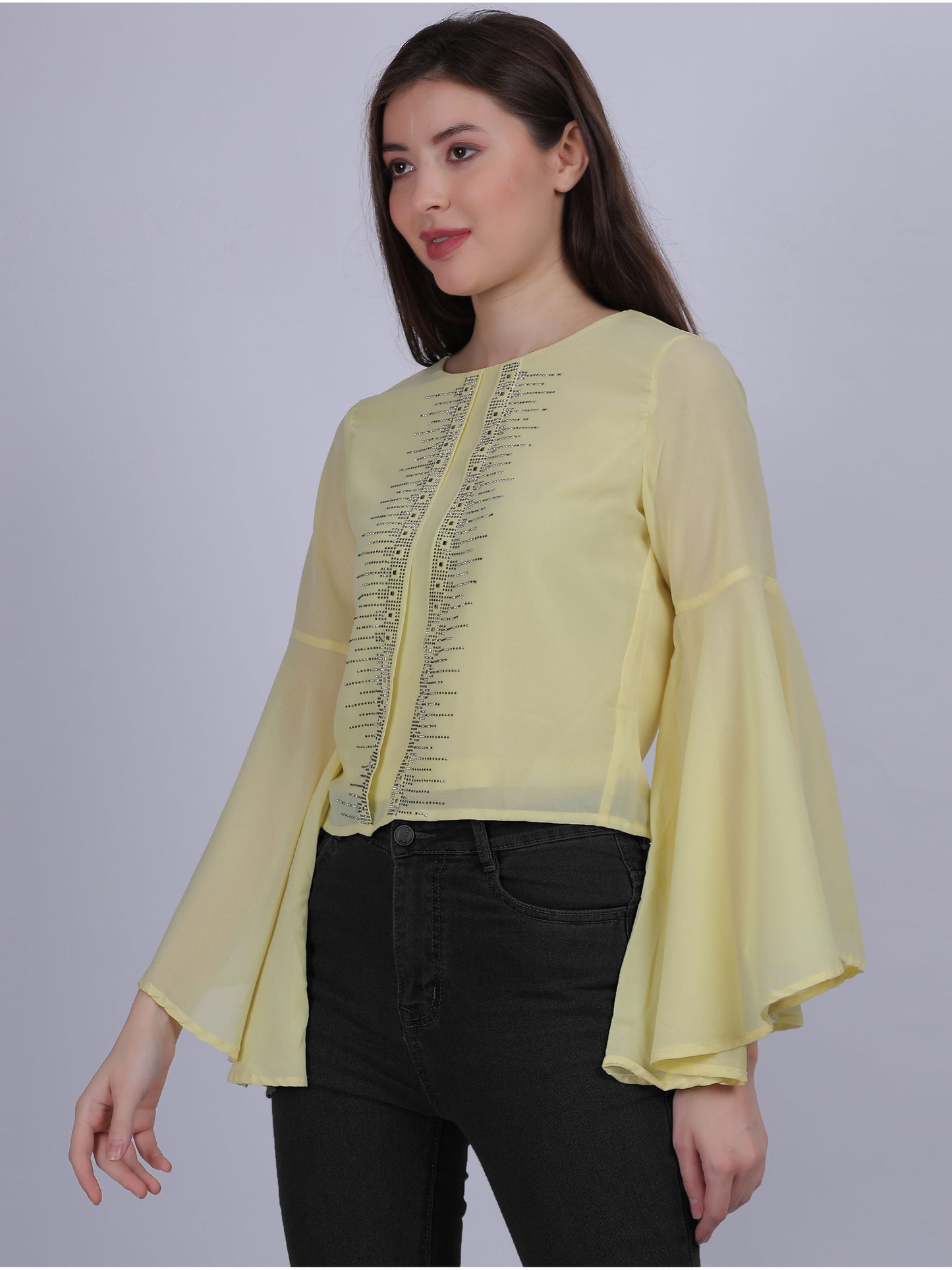 Yellow Solid Fashion Crop Top With Long Bell Sleeves & Stone Work Embellishment