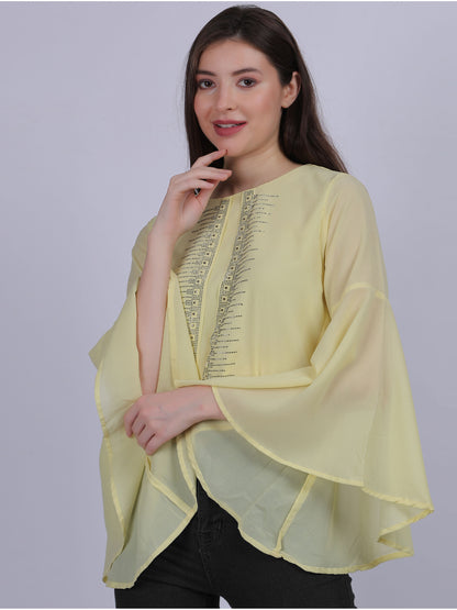 Yellow Solid Fashion Crop Top With Long Bell Sleeves & Stone Work Embellishment