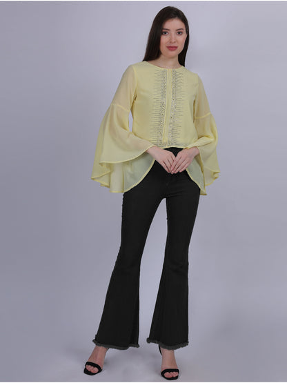 Yellow Solid Fashion Crop Top With Long Bell Sleeves & Stone Work Embellishment