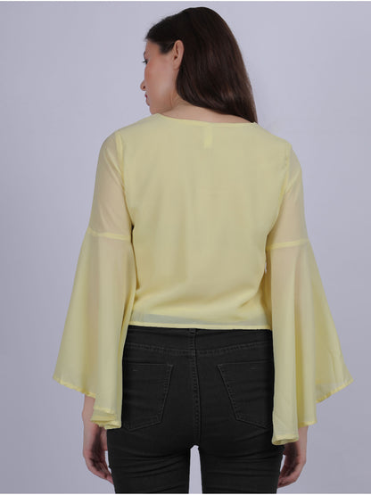 Yellow Solid Fashion Crop Top With Long Bell Sleeves & Stone Work Embellishment