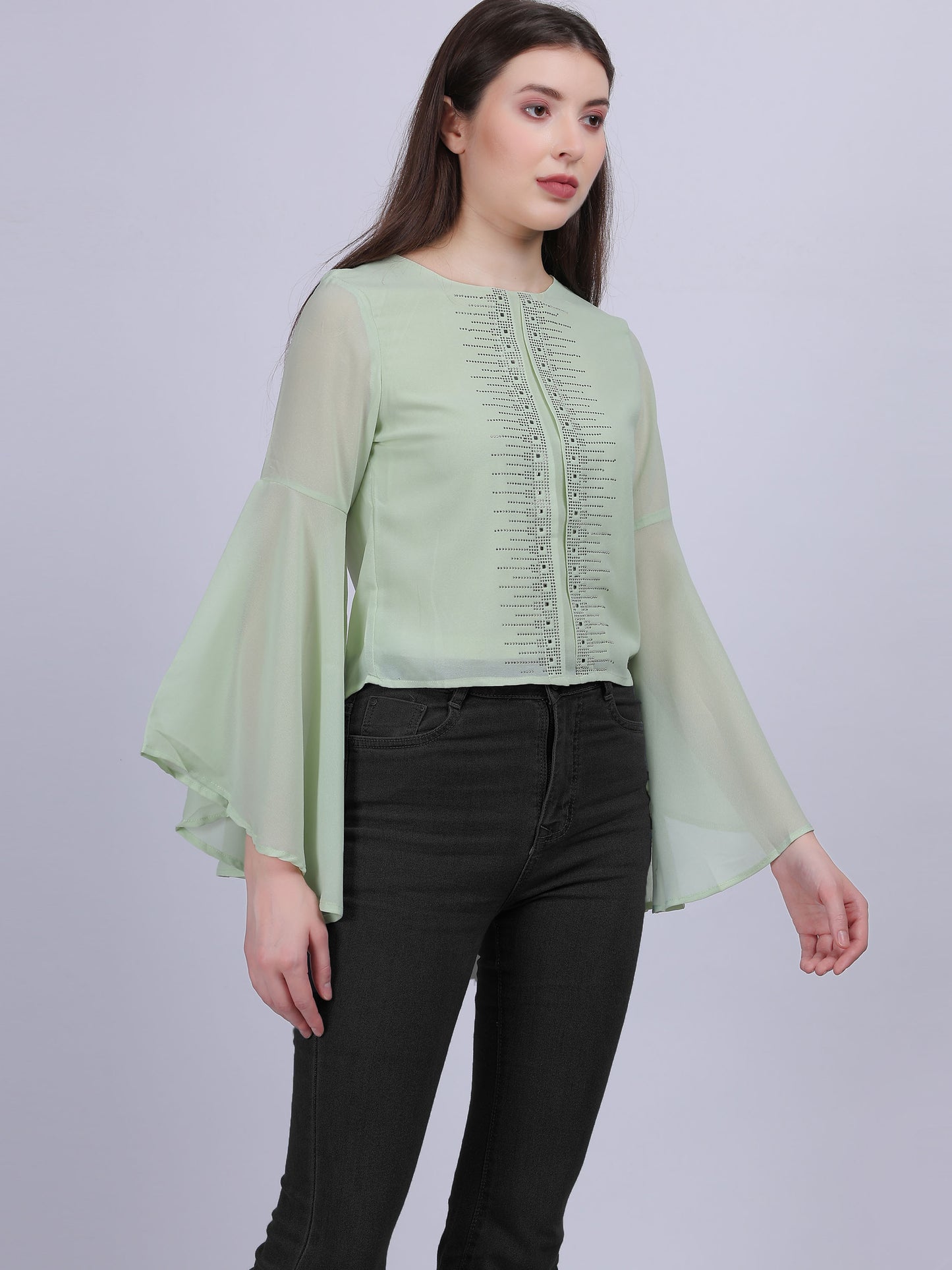 Green Solid Fashion Crop Top With Long Bell Sleeves & Stone Work Embellishment