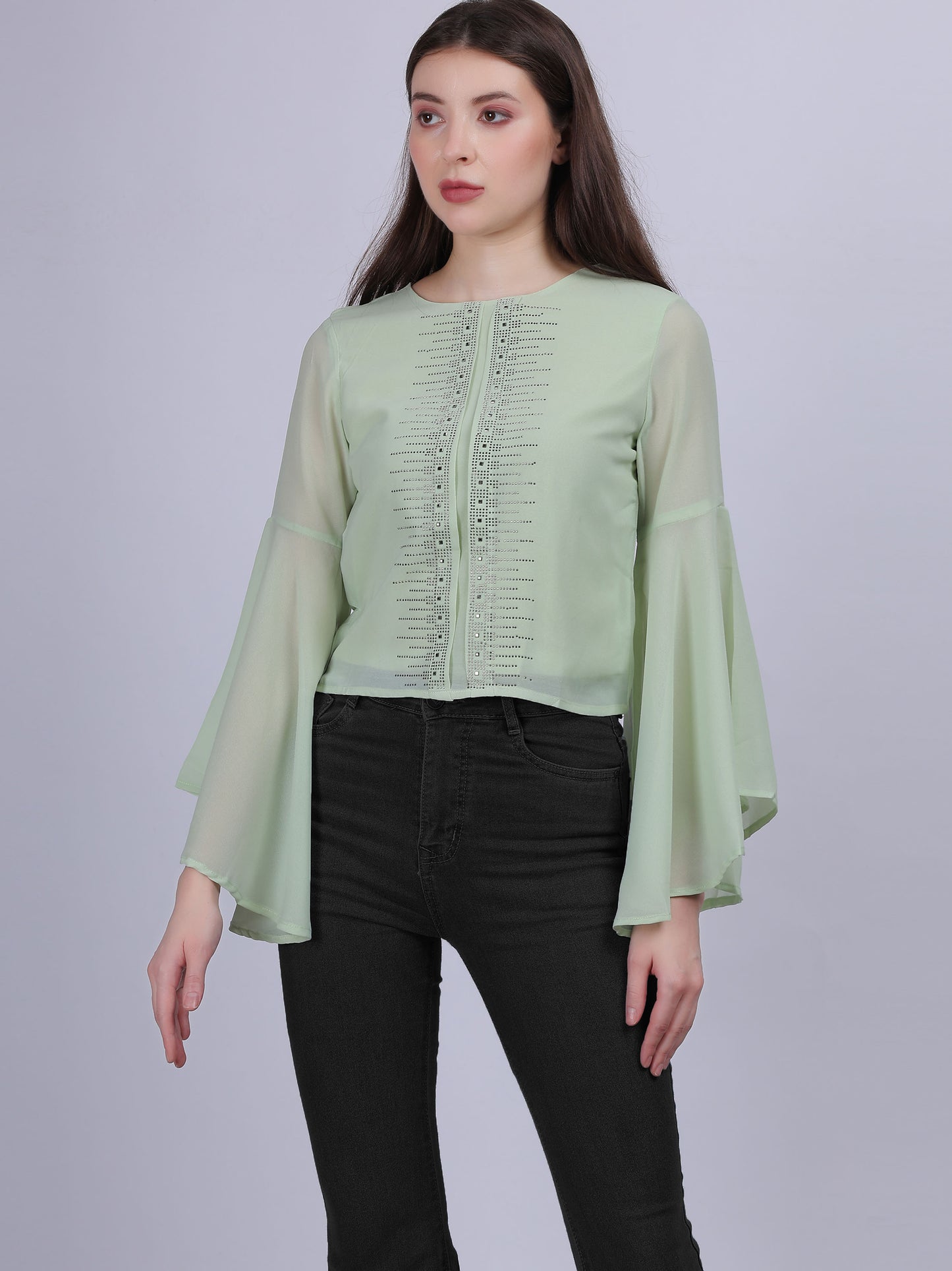 Green Solid Fashion Crop Top With Long Bell Sleeves & Stone Work Embellishment