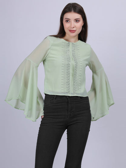 Green Solid Fashion Crop Top With Long Bell Sleeves & Stone Work Embellishment