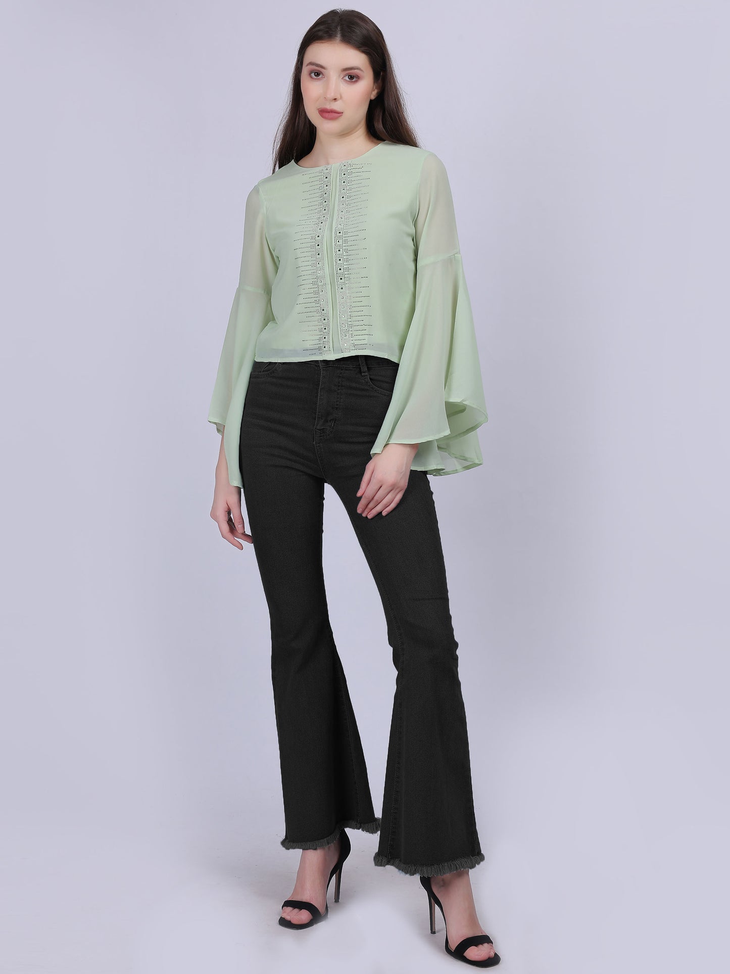 Green Solid Fashion Crop Top With Long Bell Sleeves & Stone Work Embellishment