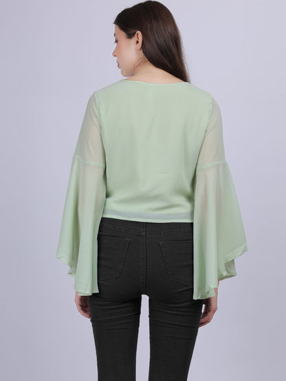 Green Solid Fashion Crop Top With Long Bell Sleeves & Stone Work Embellishment