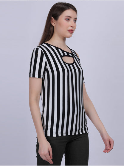 Black Stripe Print T-shirt Top With Cold-shoulder Fashion Sleeves