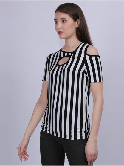 Black Stripe Print T-shirt Top With Cold-shoulder Fashion Sleeves