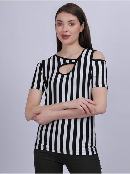 Black Stripe Print T-shirt Top With Cold-shoulder Fashion Sleeves