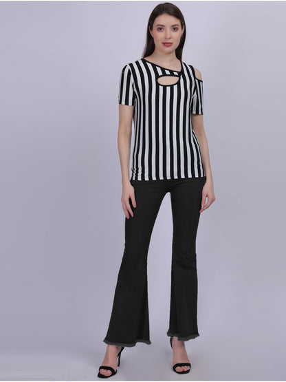 Black Stripe Print T-shirt Top With Cold-shoulder Fashion Sleeves