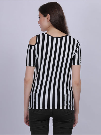 Black Stripe Print T-shirt Top With Cold-shoulder Fashion Sleeves