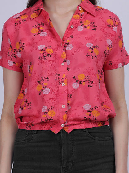 Pink Floral Print Casual Crop Shirt