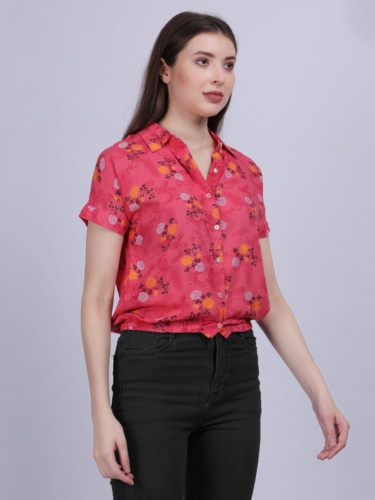 Pink Floral Print Casual Crop Shirt