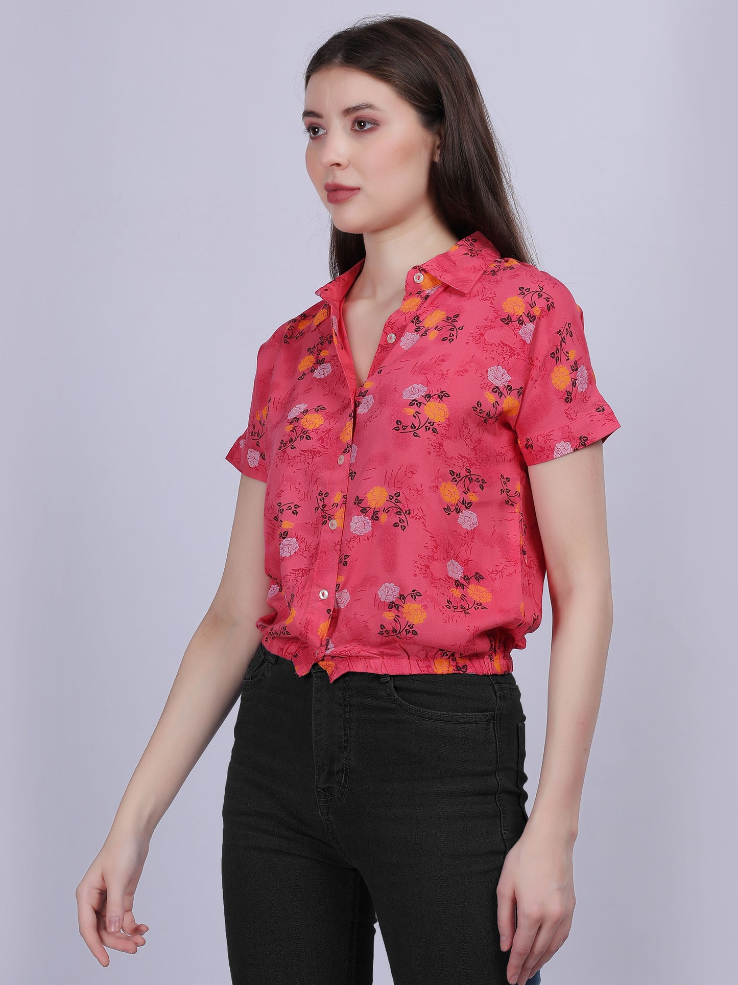 Pink Floral Print Casual Crop Shirt