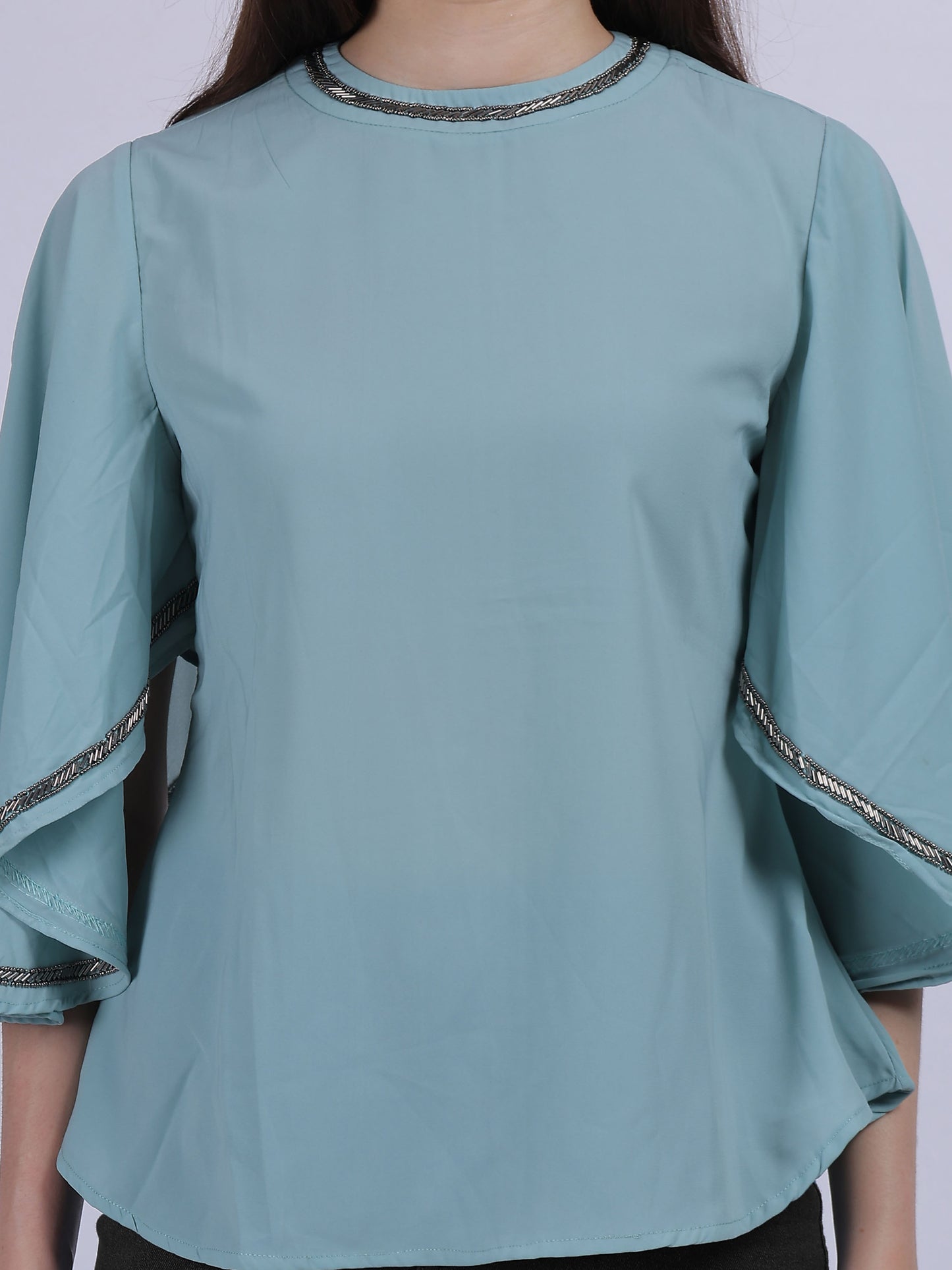 Fashion Casual Top With Handwork On Neck & Sleeves