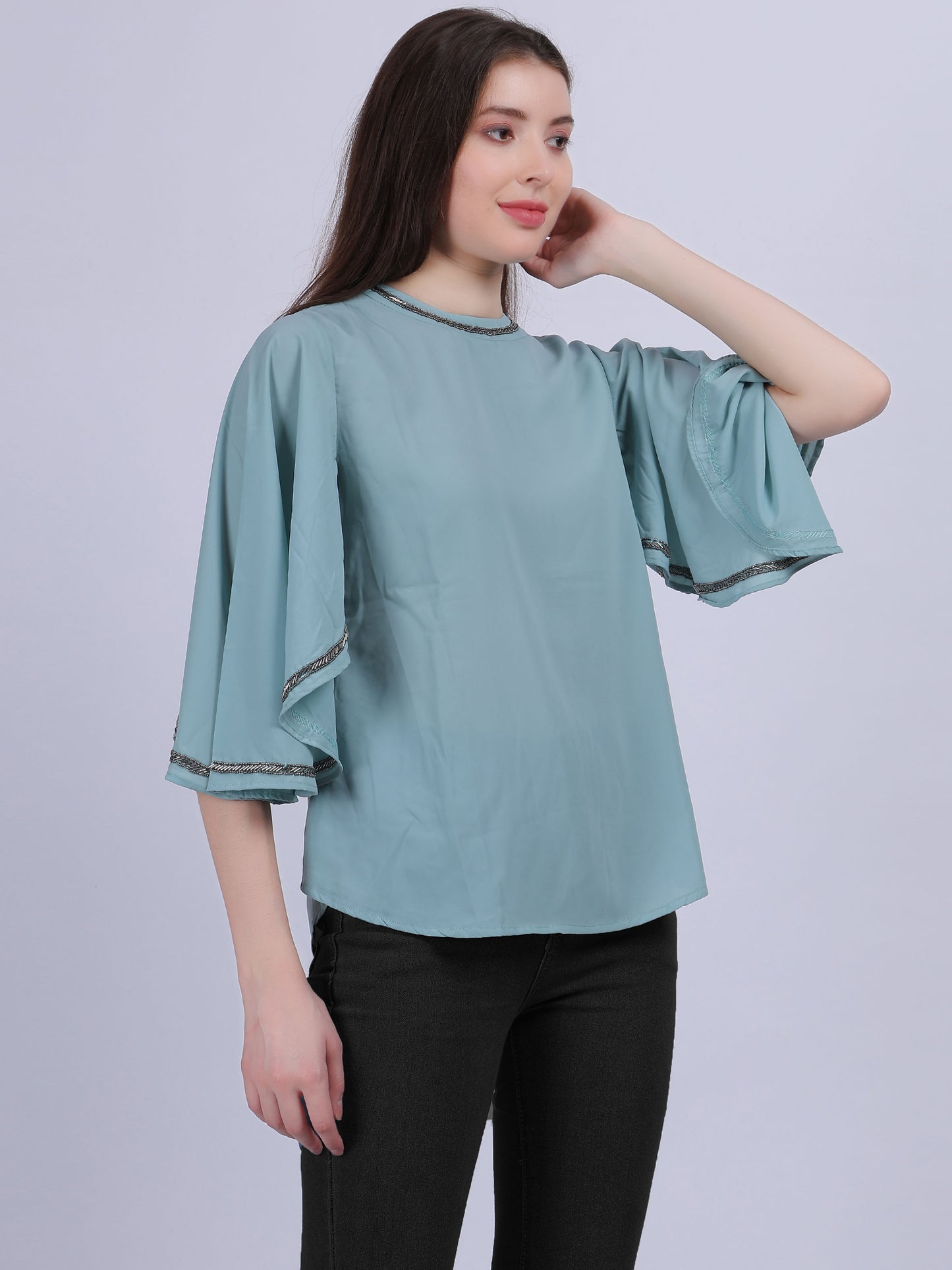 Fashion Casual Top With Handwork On Neck & Sleeves