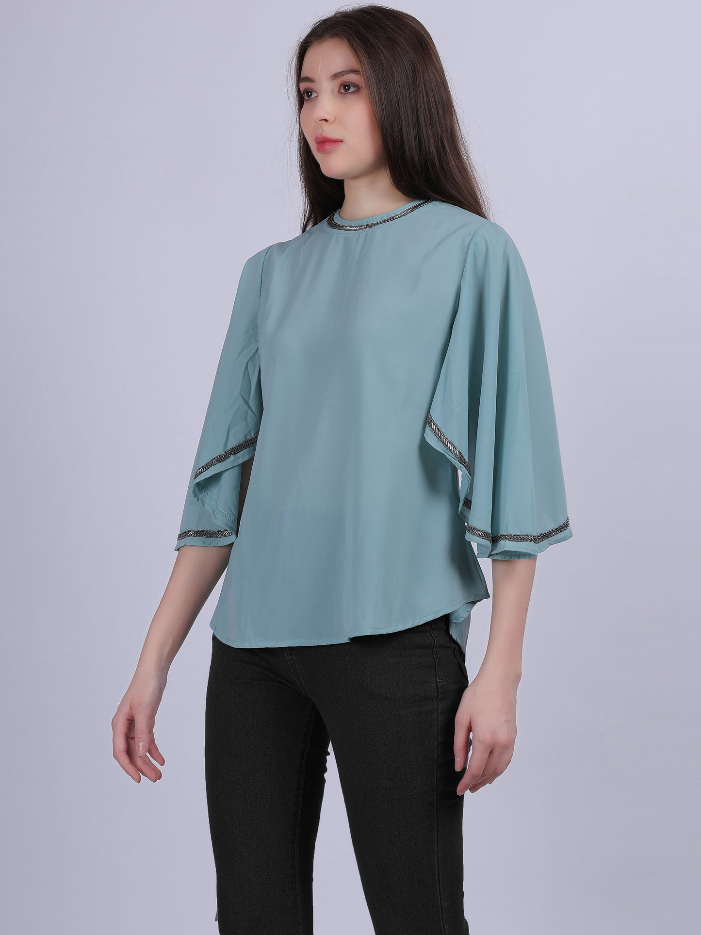 Fashion Casual Top With Handwork On Neck & Sleeves