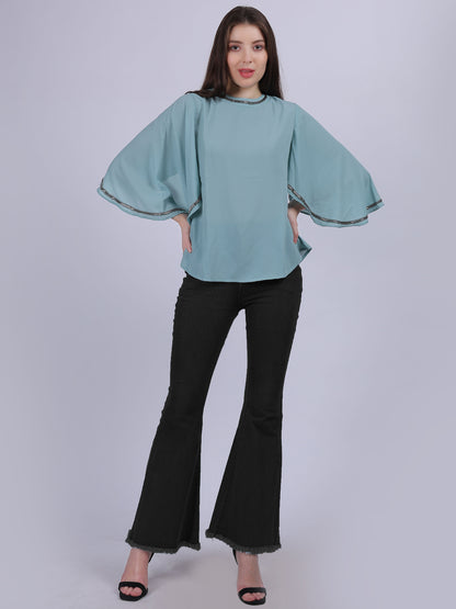 Fashion Casual Top With Handwork On Neck & Sleeves