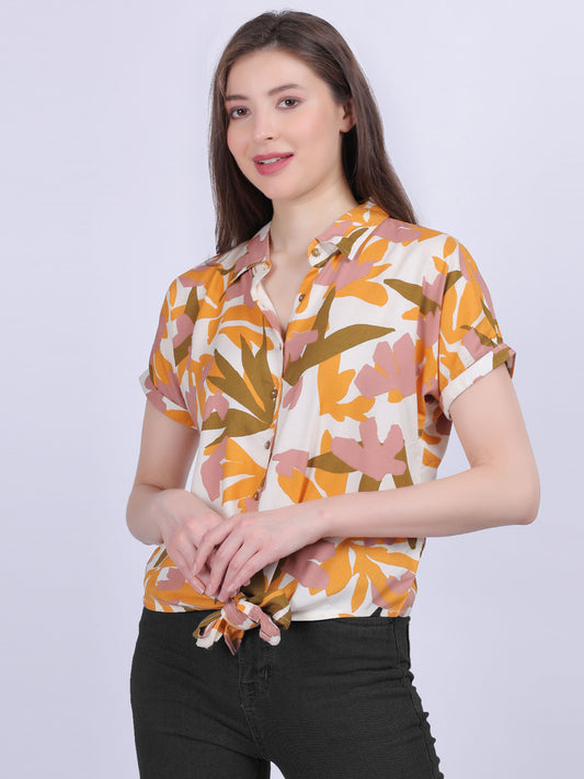 Leaf Print Knot Style Crop Shirt