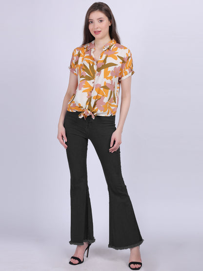 Leaf Print Knot Style Crop Shirt