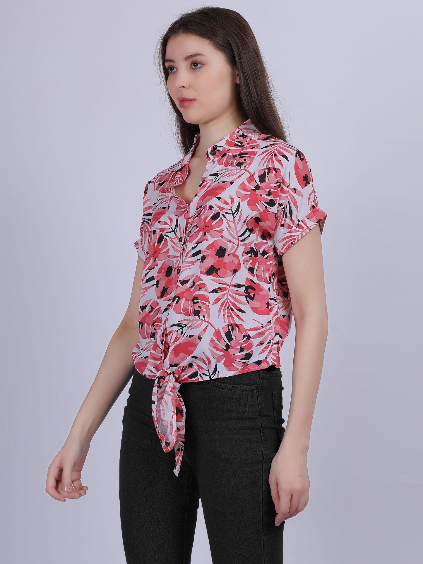 Leaf Print Knot Style Crop Shirt