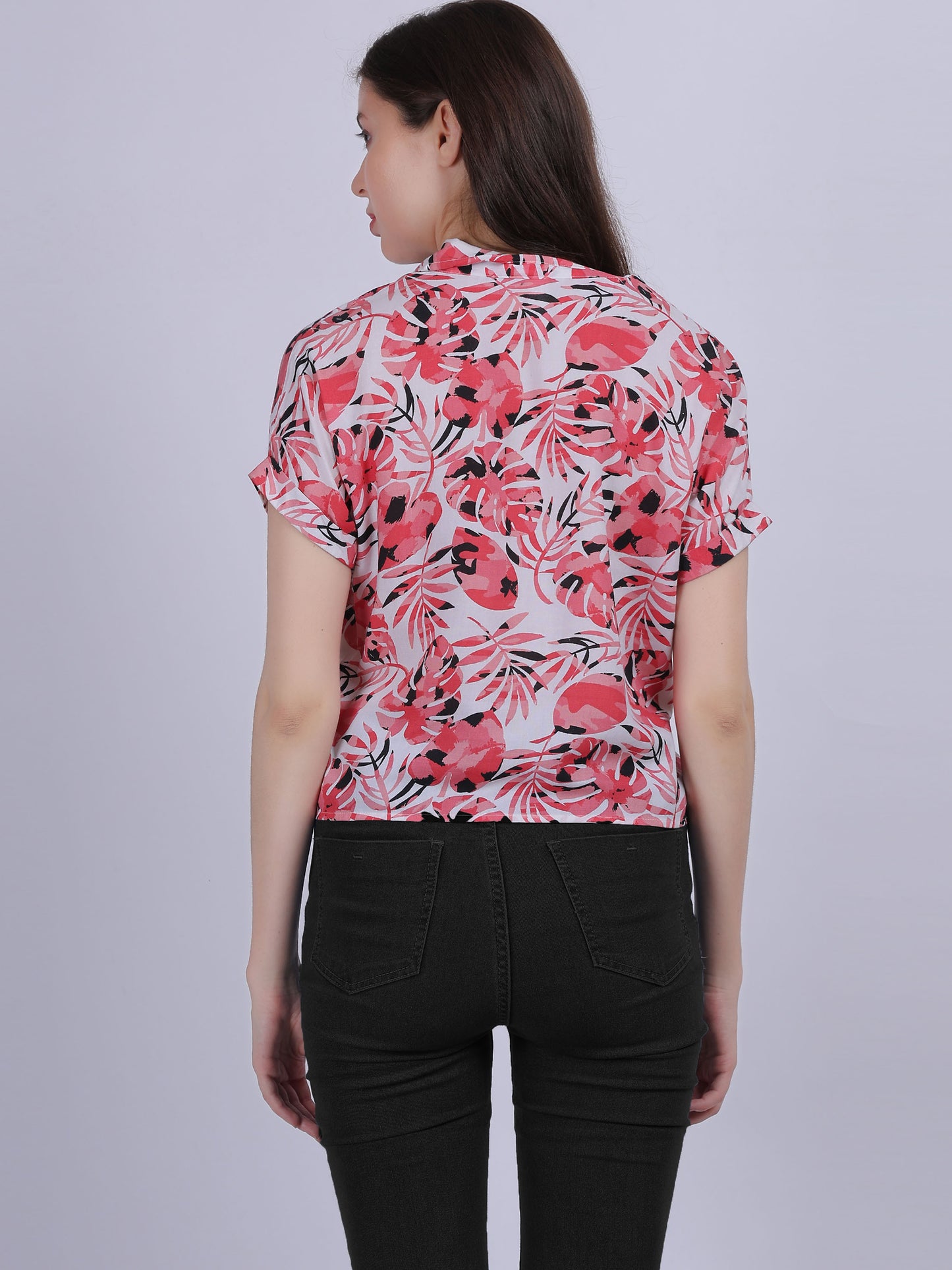 Leaf Print Knot Style Crop Shirt