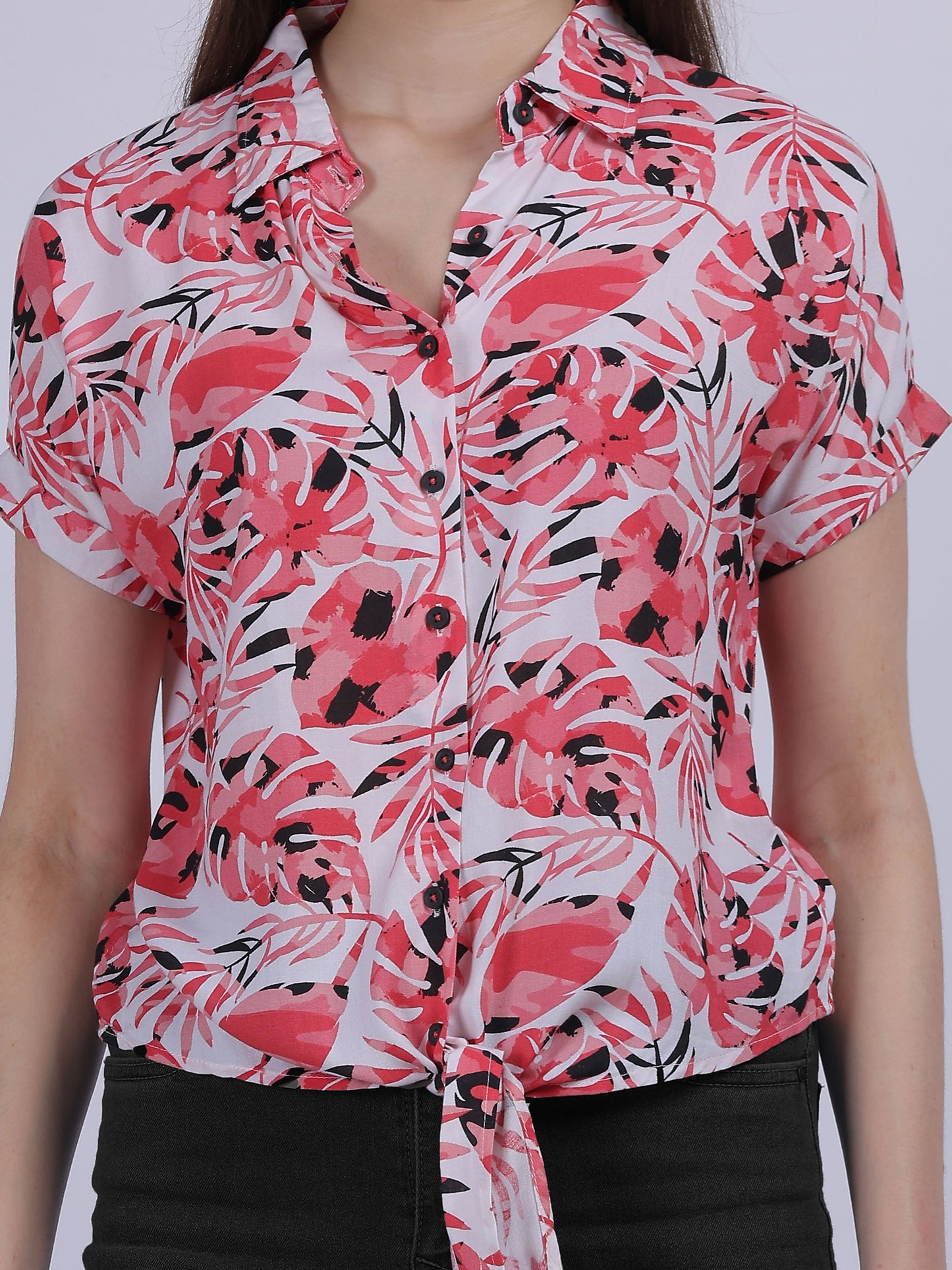 Leaf Print Knot Style Crop Shirt