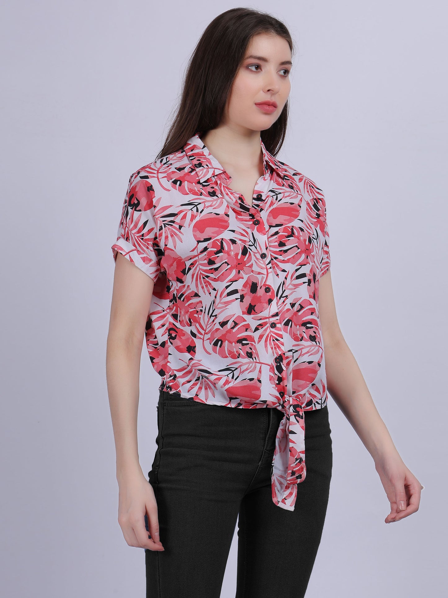 Leaf Print Knot Style Crop Shirt