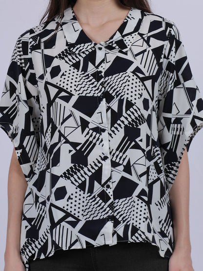 Blue Asymmetric Abstract Print Tunic Fashion Top