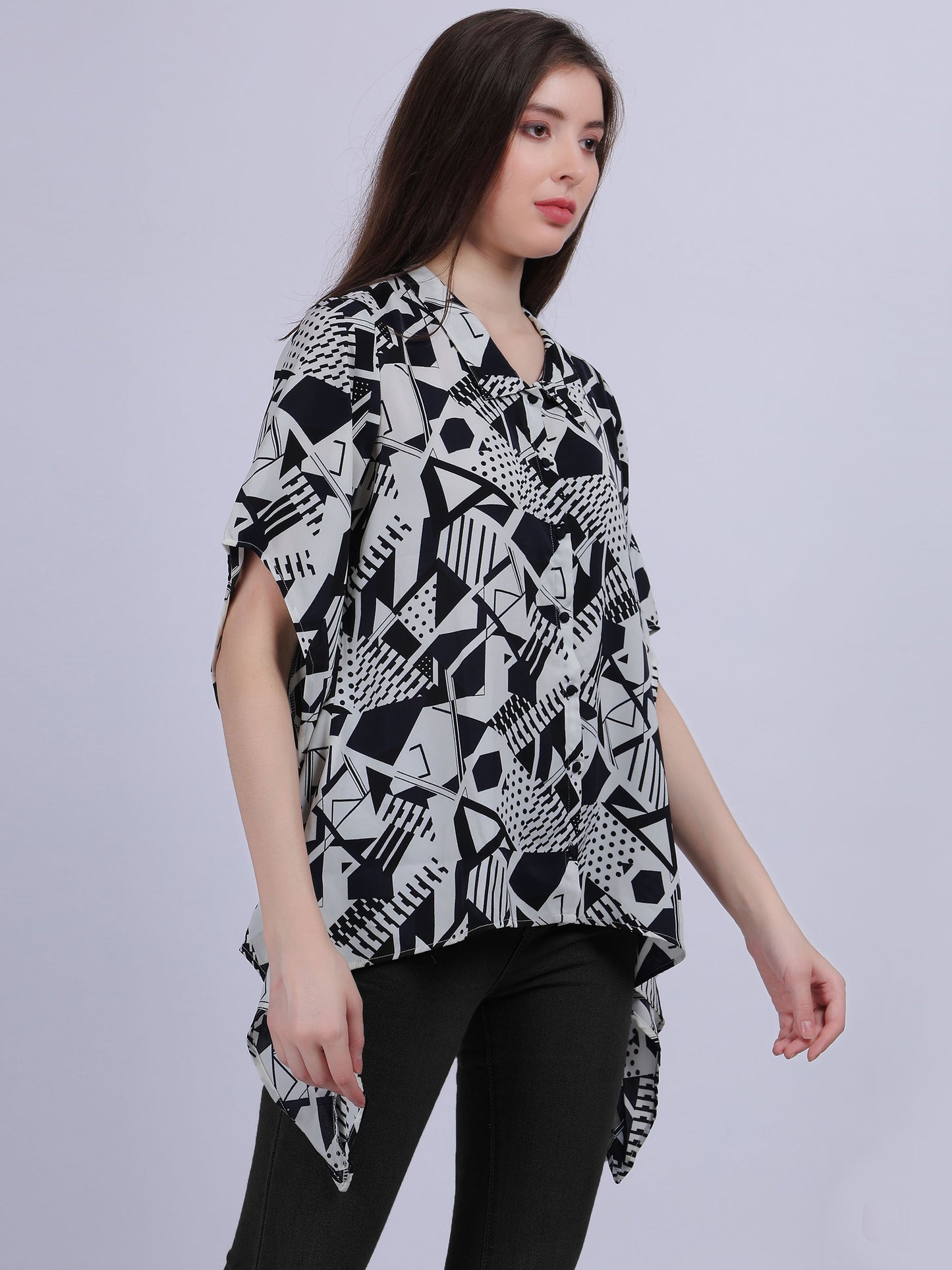 Blue Asymmetric Abstract Print Tunic Fashion Top