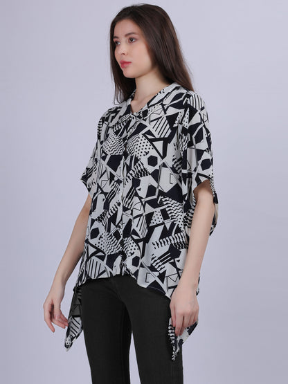 Blue Asymmetric Abstract Print Tunic Fashion Top