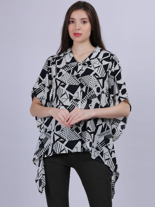 Blue Asymmetric Abstract Print Tunic Fashion Top