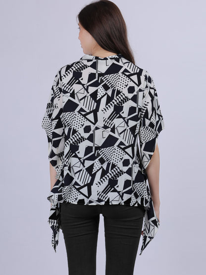 Blue Asymmetric Abstract Print Tunic Fashion Top