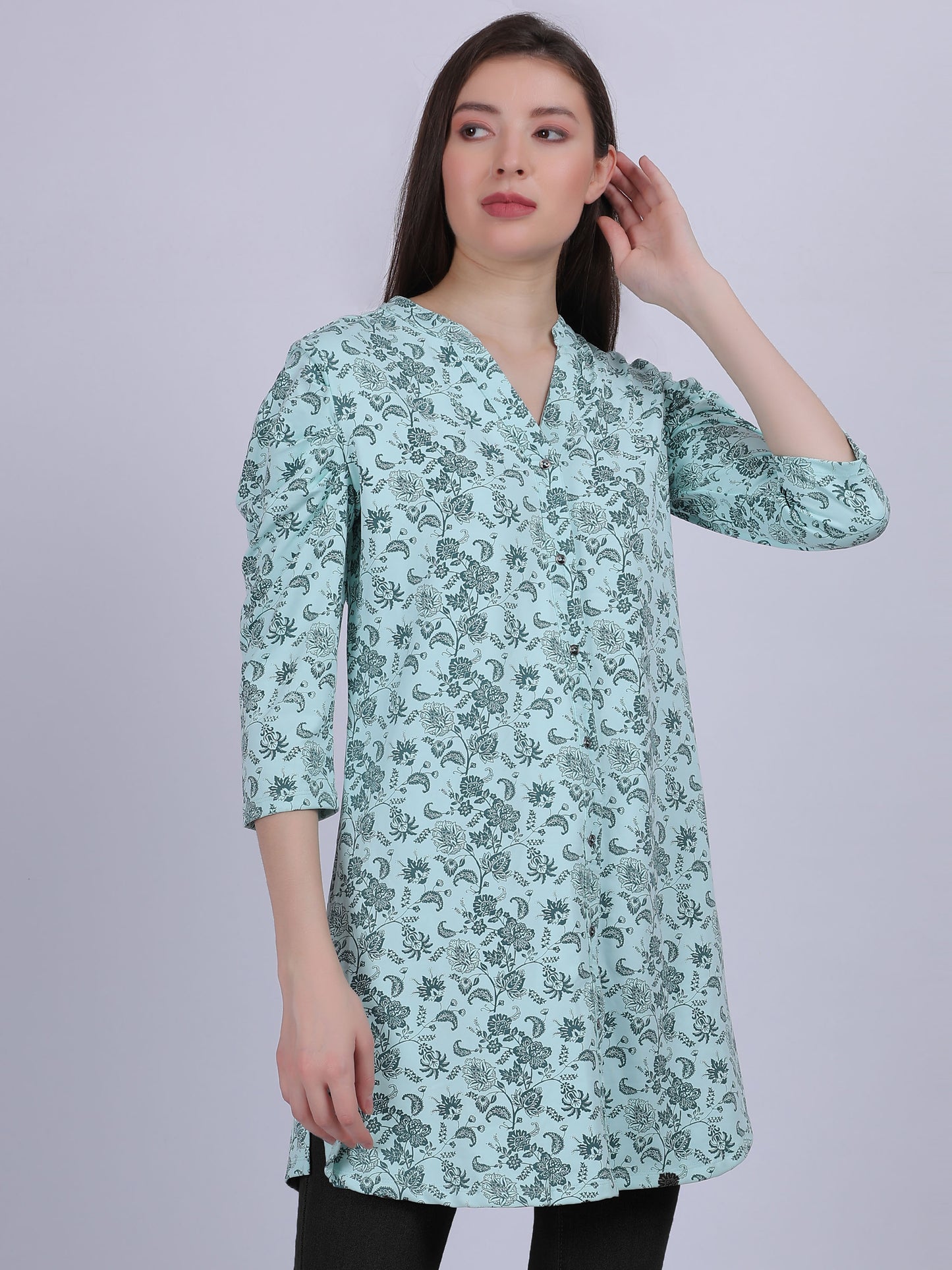 Mint Green Floral Print Long Tunic Fashion Top