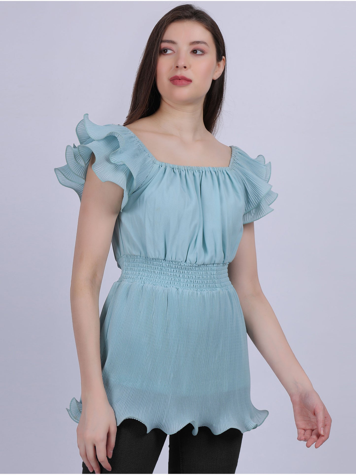 Sky Blue Ruffle Pleated Fashion Top