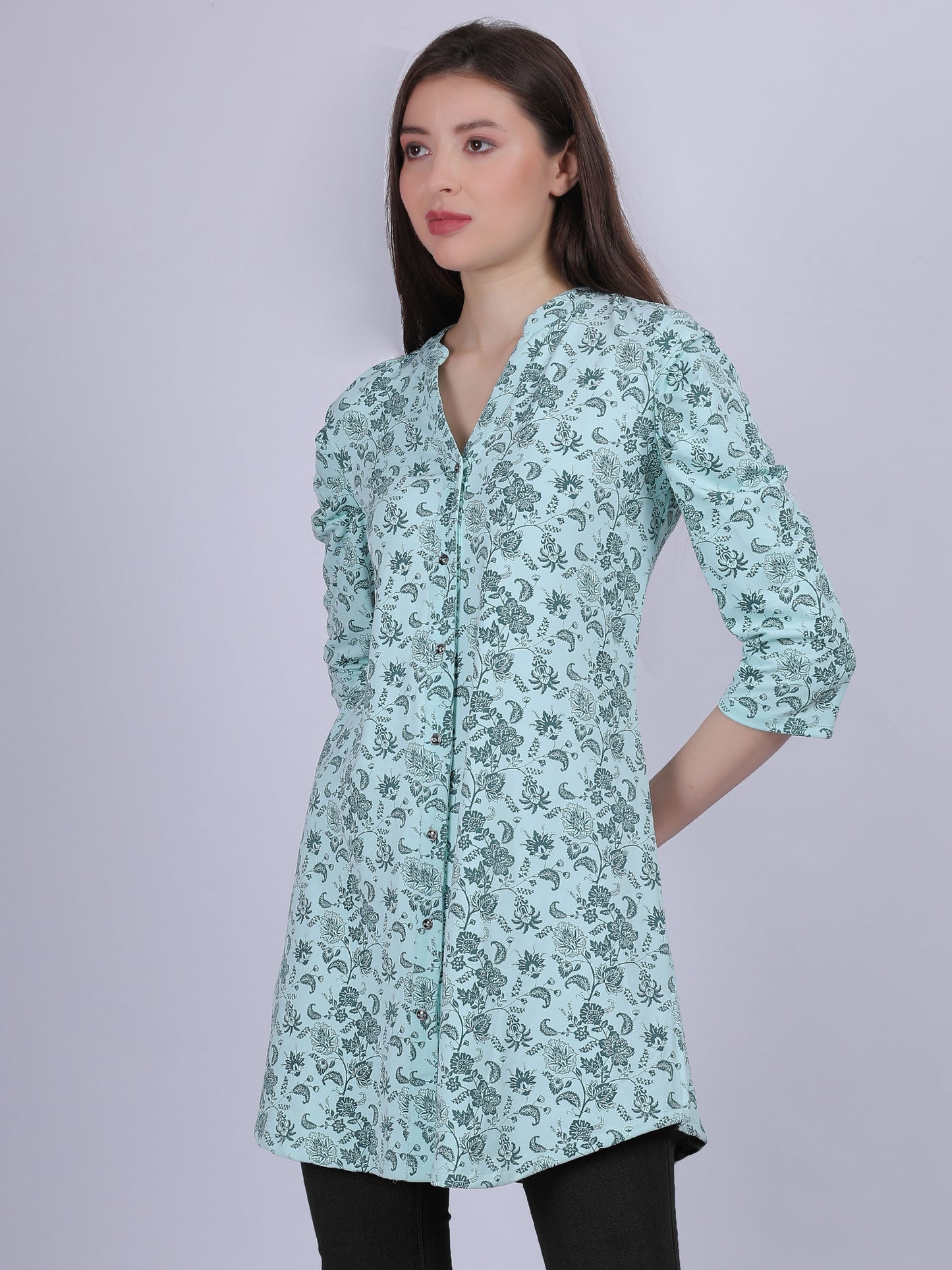 Mint Green Floral Print Long Tunic Fashion Top