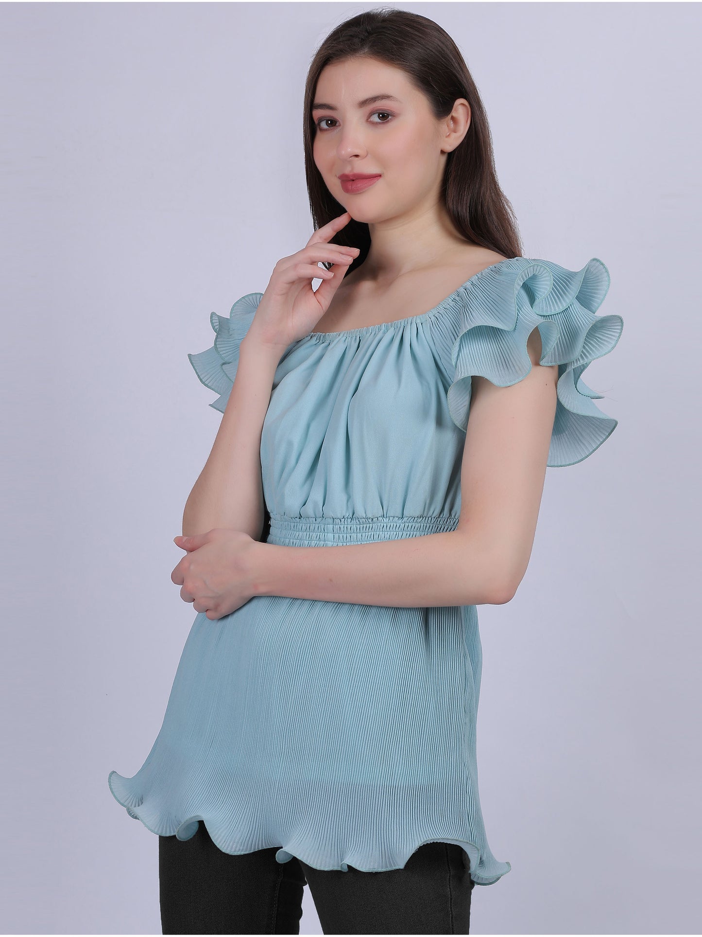 Sky Blue Ruffle Pleated Fashion Top