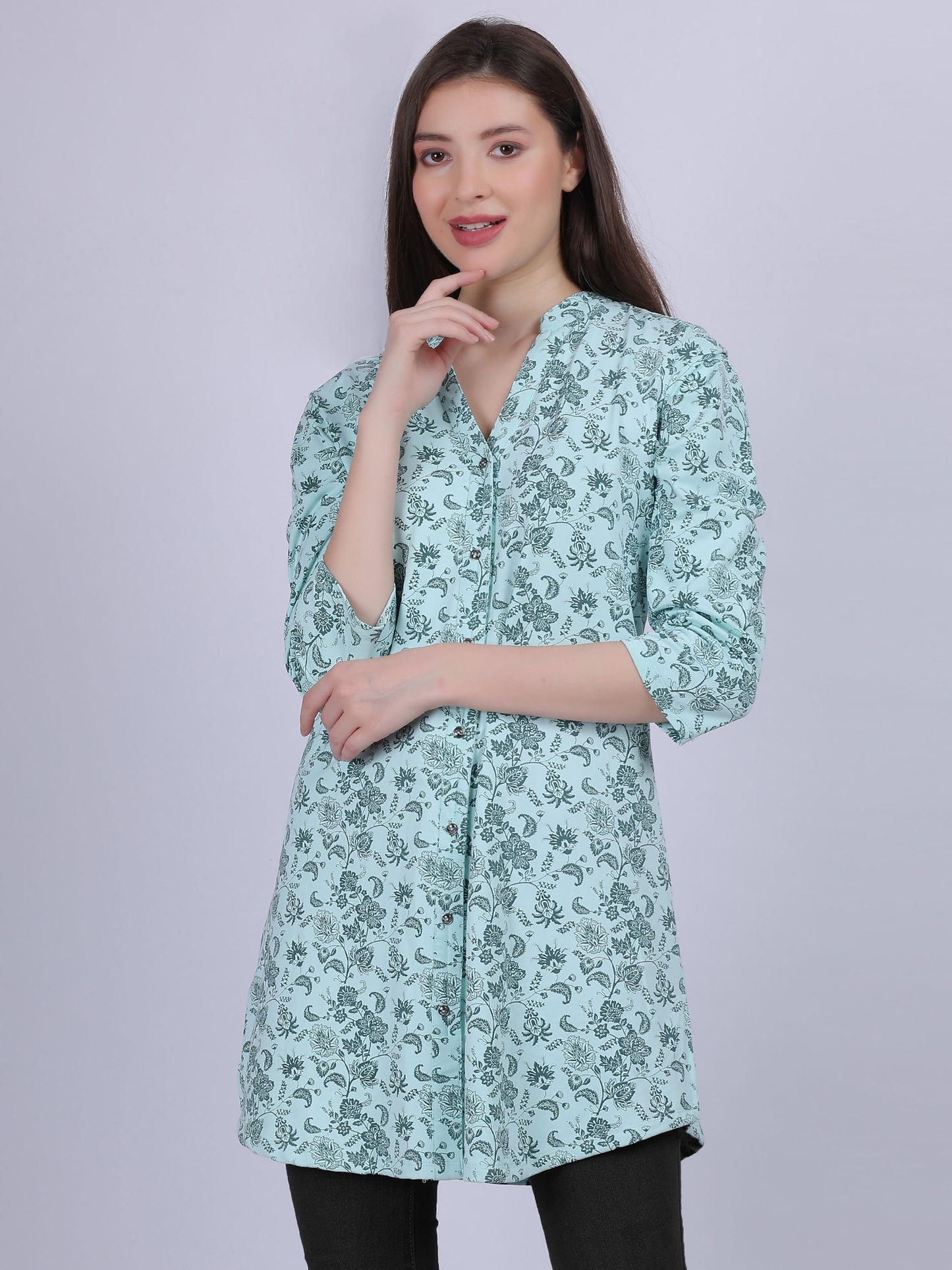 Mint Green Floral Print Long Tunic Fashion Top