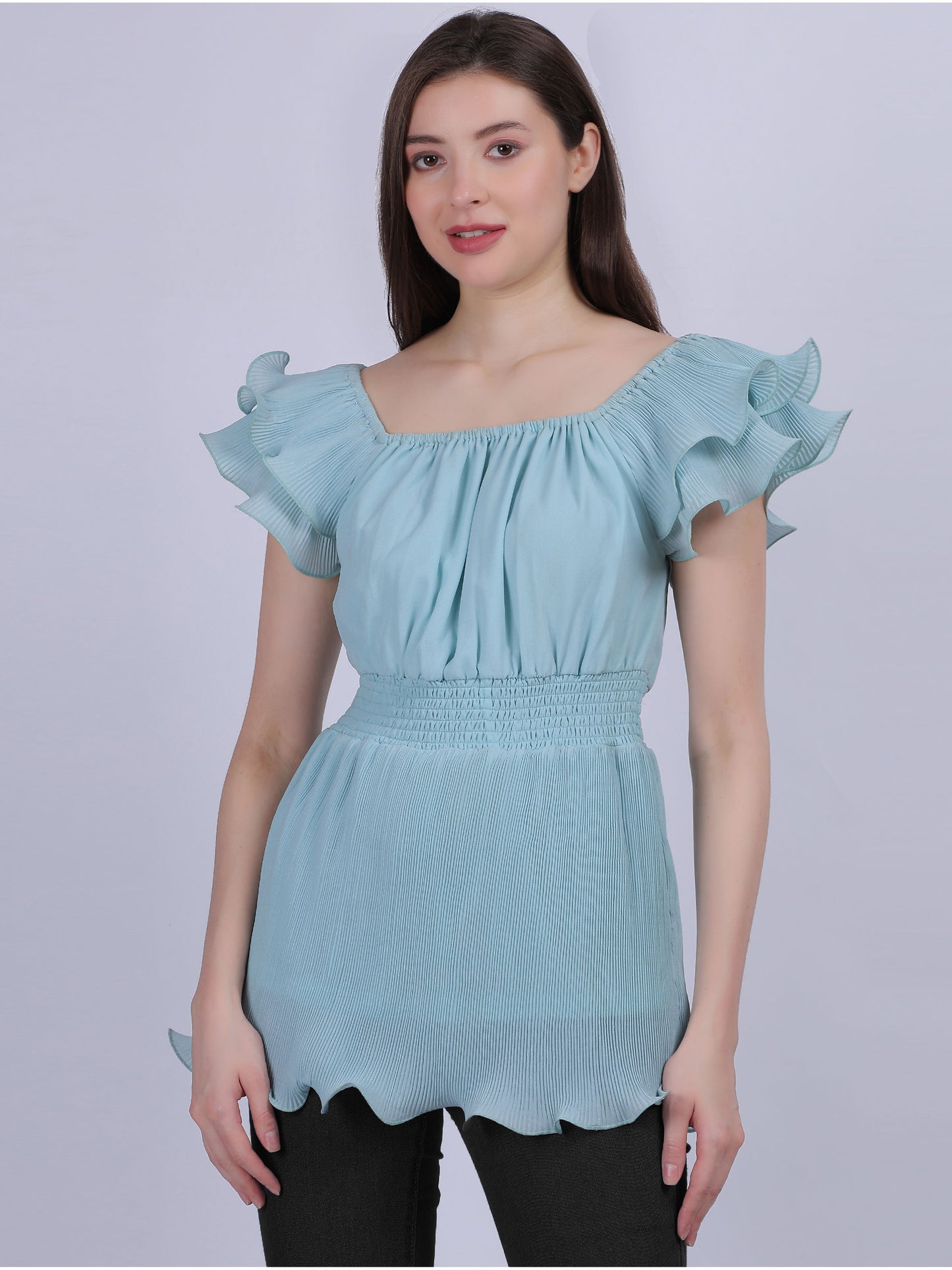 Sky Blue Ruffle Pleated Fashion Top