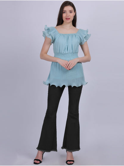 Sky Blue Ruffle Pleated Fashion Top