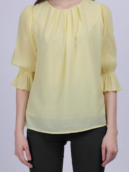 Yellow  Solid Basic Fashion Top With Pleated Sleeves