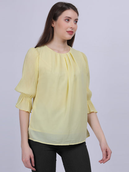 Yellow  Solid Basic Fashion Top With Pleated Sleeves