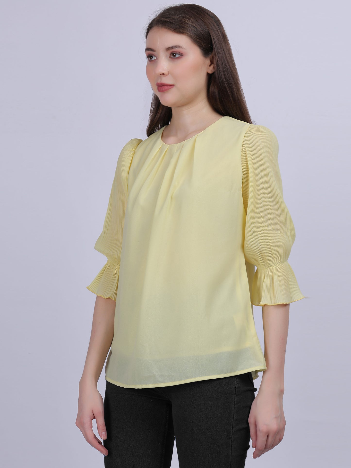 Yellow  Solid Basic Fashion Top With Pleated Sleeves