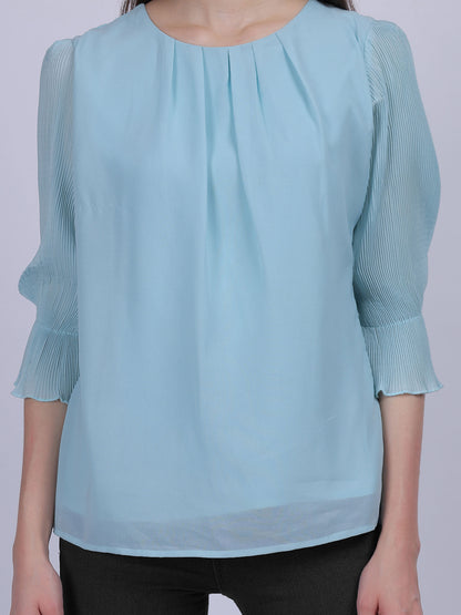 Blue Solid Basic Fashion Top With Pleated Sleeves