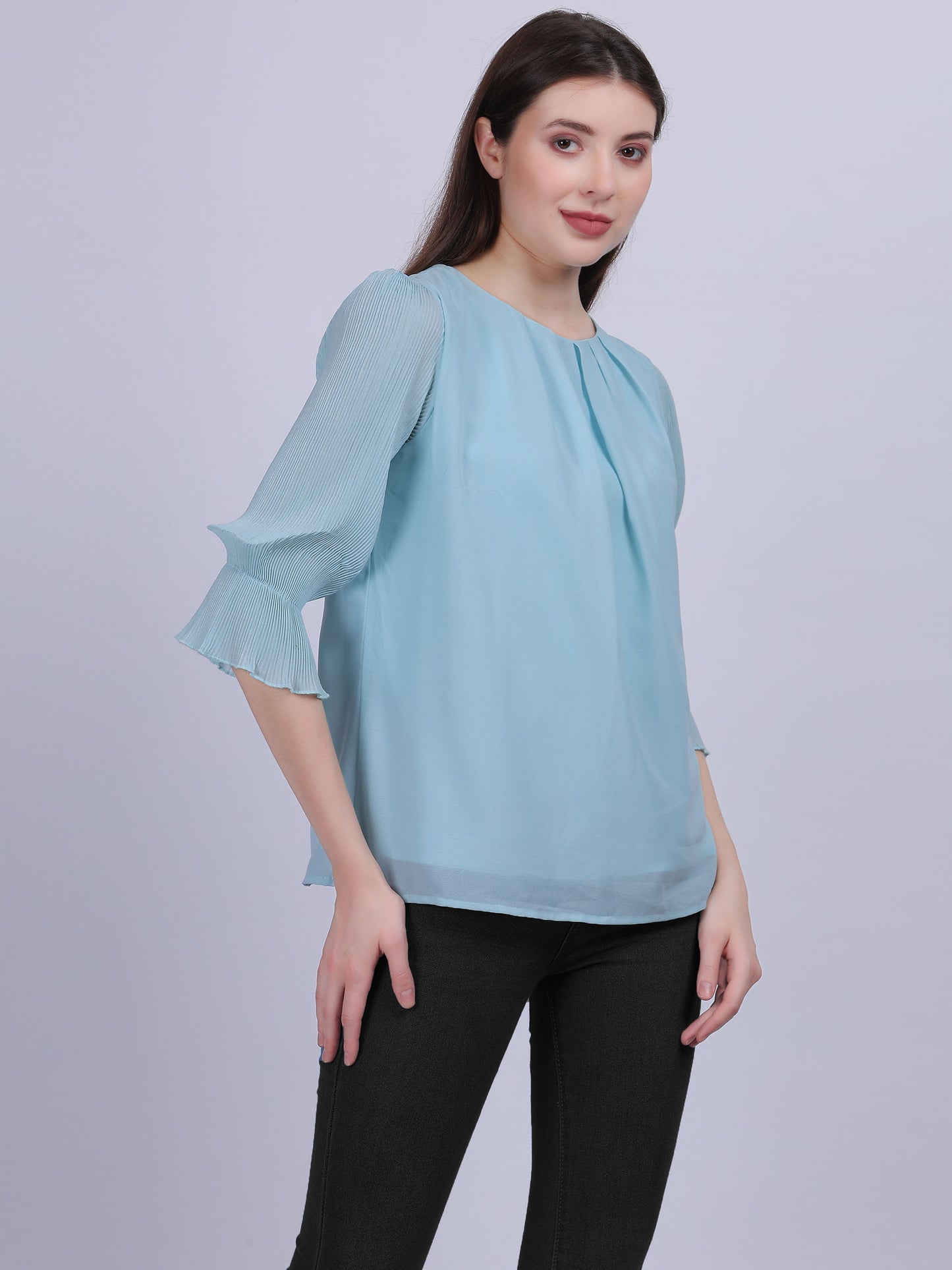 Blue Solid Basic Fashion Top With Pleated Sleeves