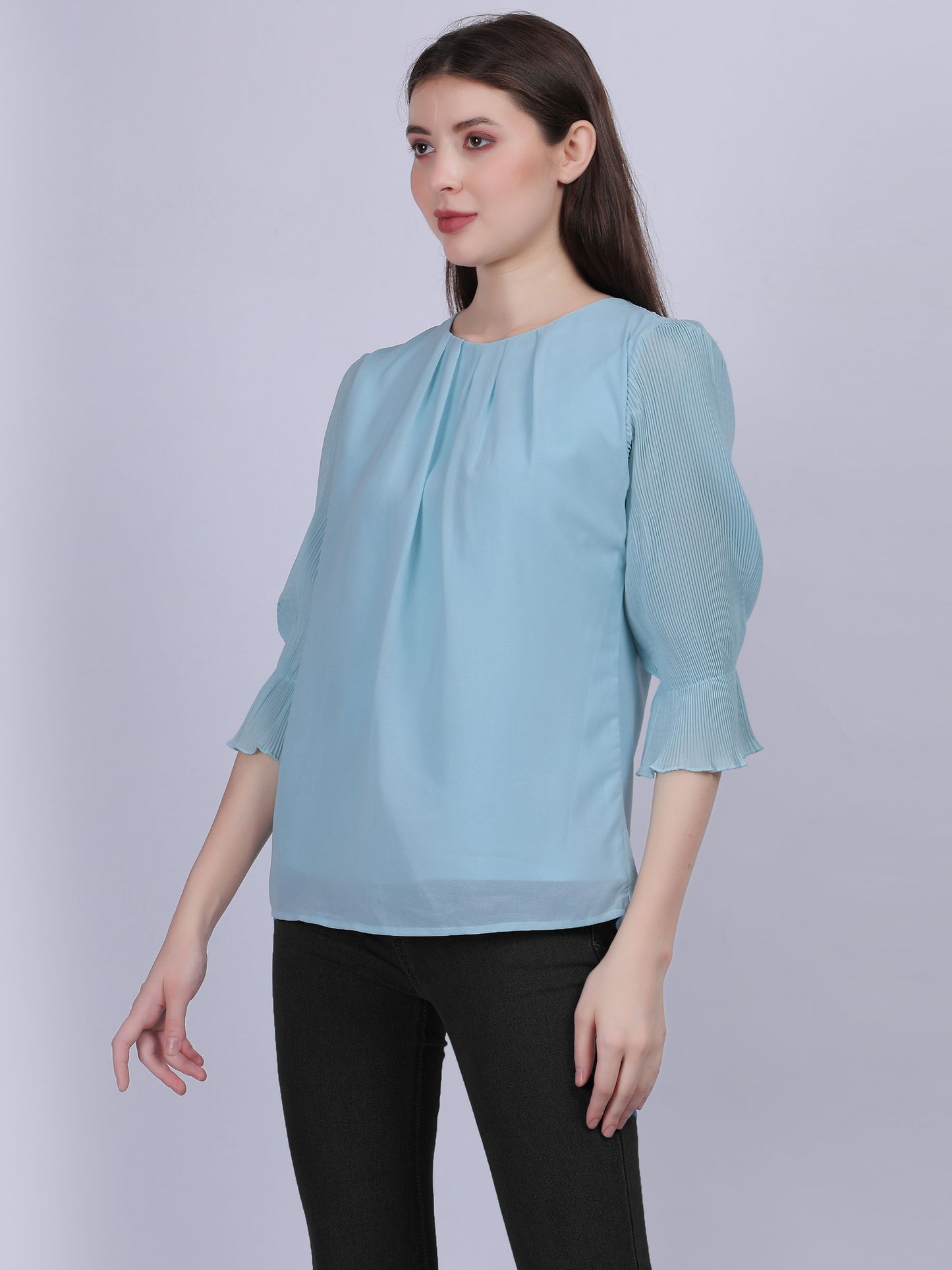 Blue Solid Basic Fashion Top With Pleated Sleeves