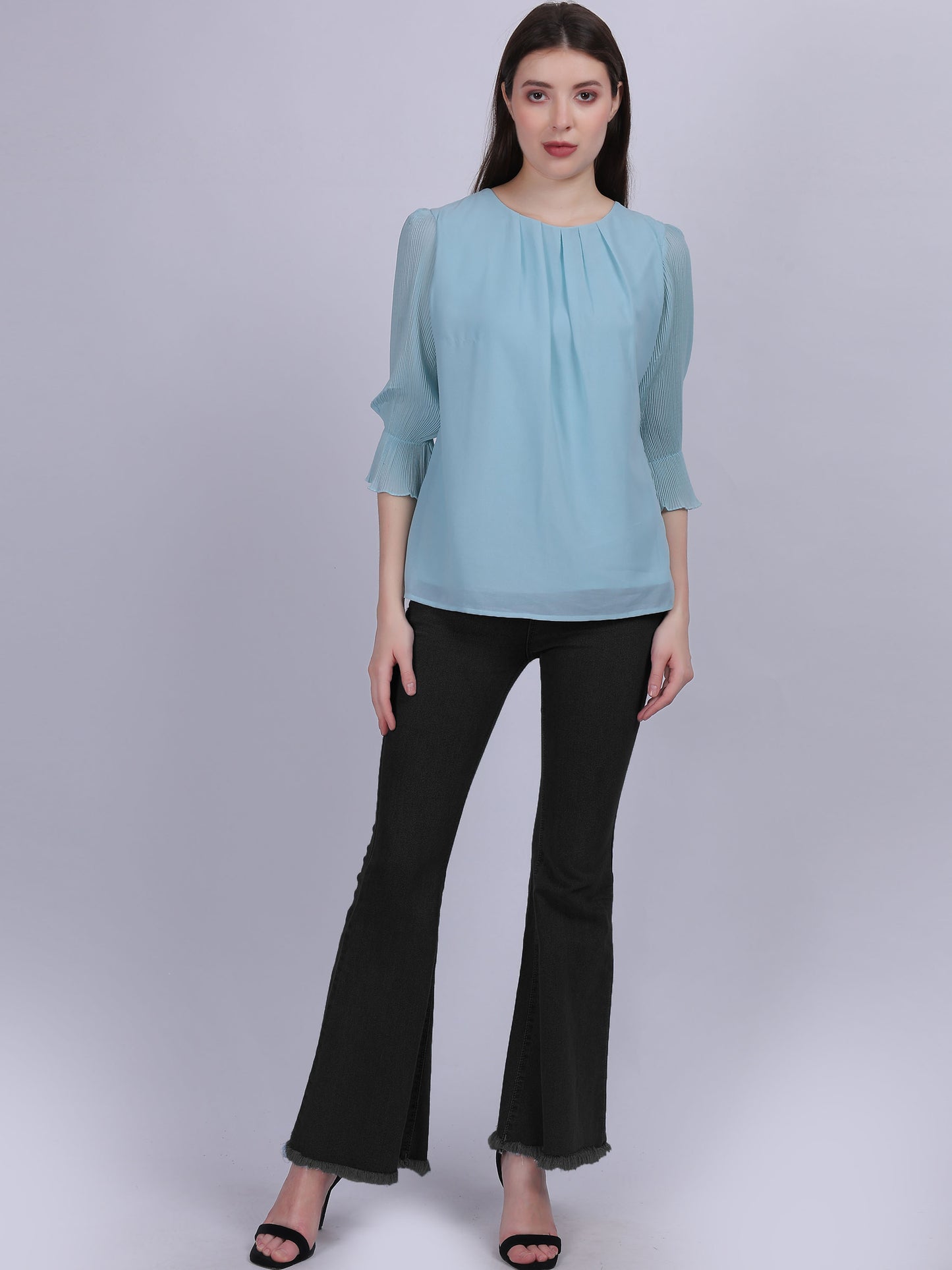 Blue Solid Basic Fashion Top With Pleated Sleeves