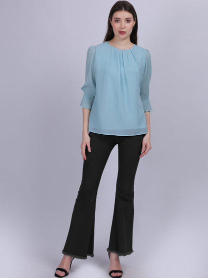 Blue Solid Basic Fashion Top With Pleated Sleeves