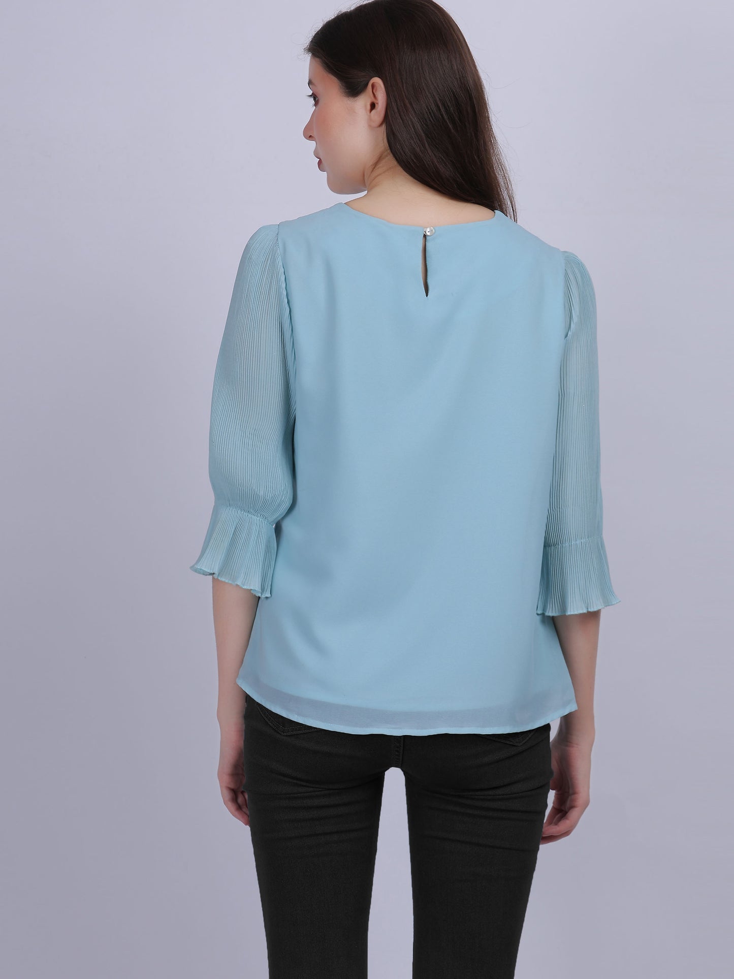 Blue Solid Basic Fashion Top With Pleated Sleeves