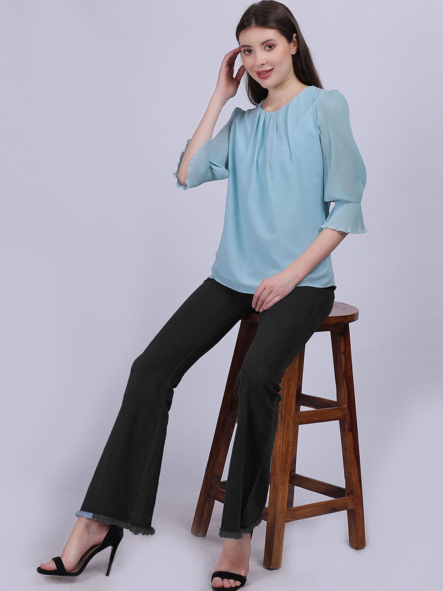 Blue Solid Basic Fashion Top With Pleated Sleeves